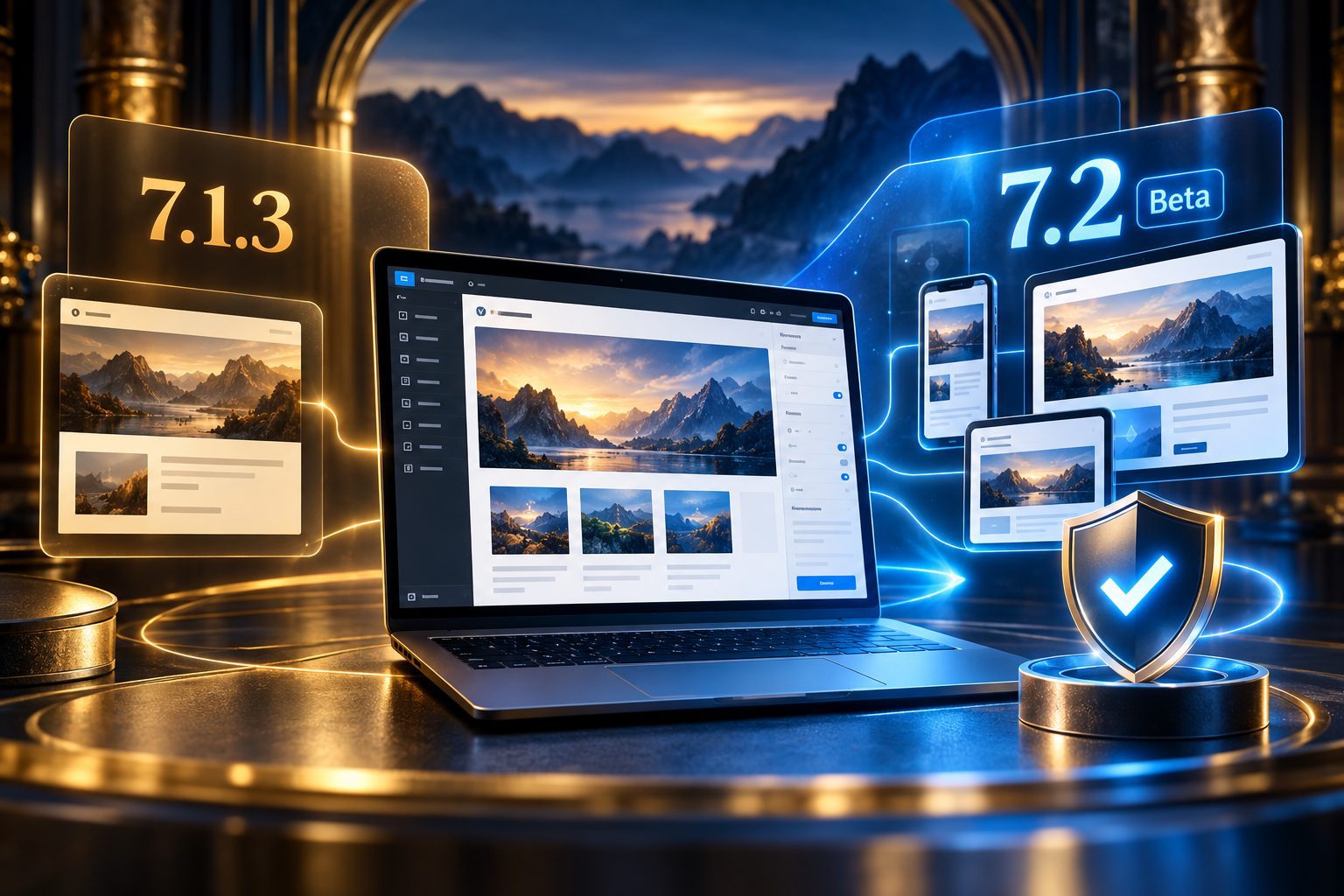 Minh họa WordPress 7.1.3 và 7.2 Beta với giao diện biên tập responsive, laptop và biểu tượng bảo mật.